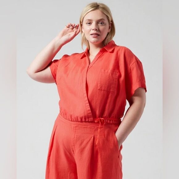 Athleta Women’s Tie Top Short Sleeve 100% Linen Borealis Green Size Medium $79 - Picture 10 of 15